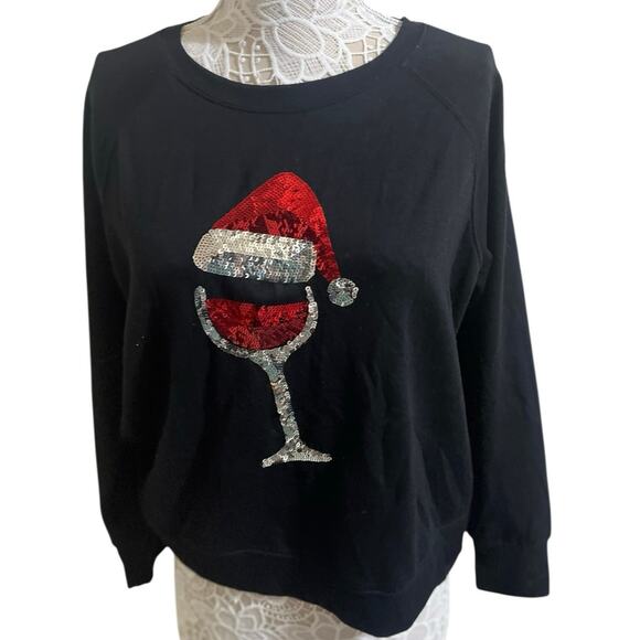 Philosophy Black Cozy Christmas Sweatshirt w/ Sequined Wine Glass with Santa Hat - Picture 1 of 7